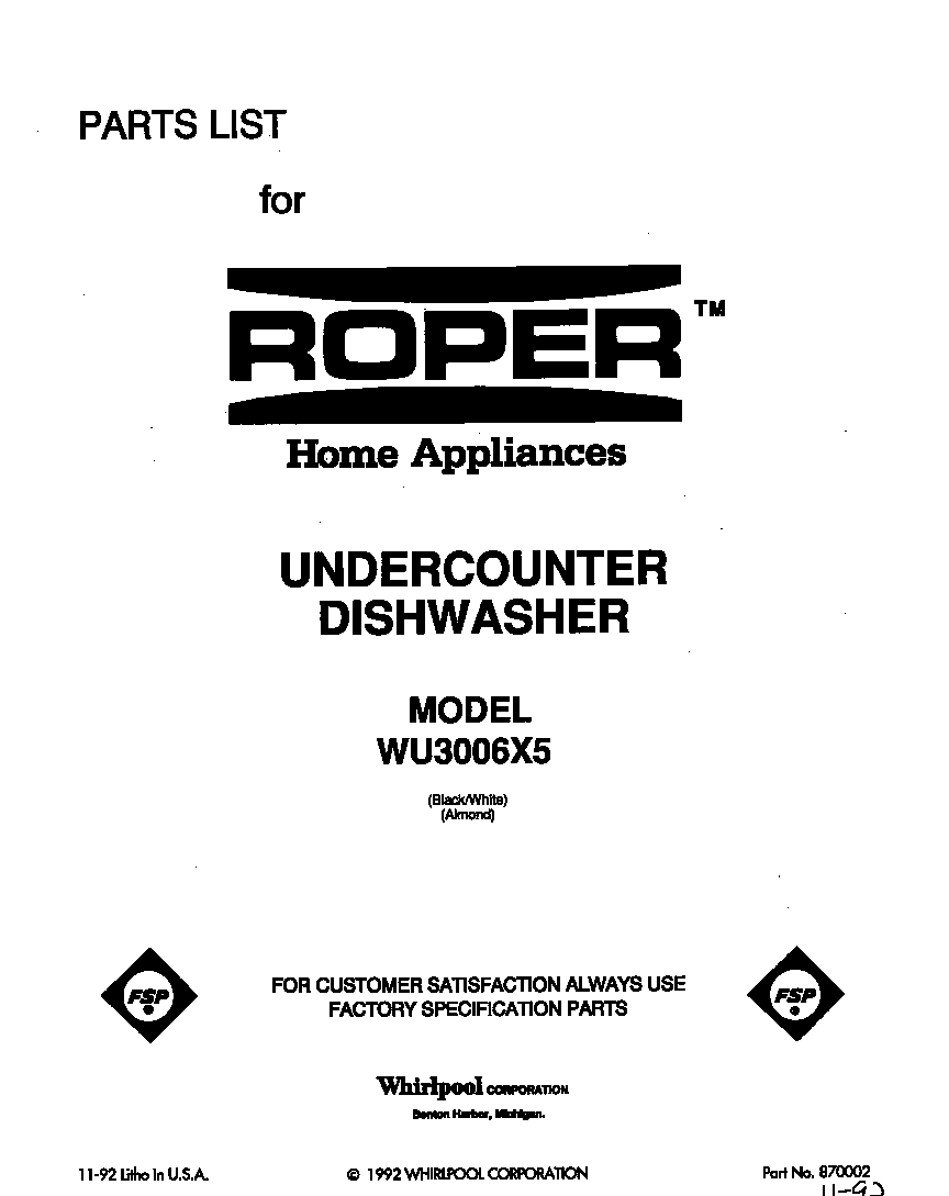 Roper WU3006X5 front cover diagram