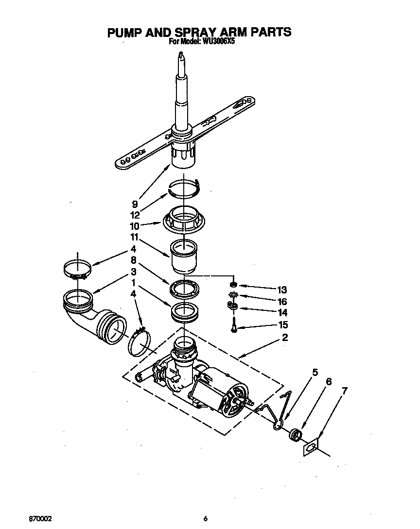Roper WU3006X5 pump and spray arm diagram