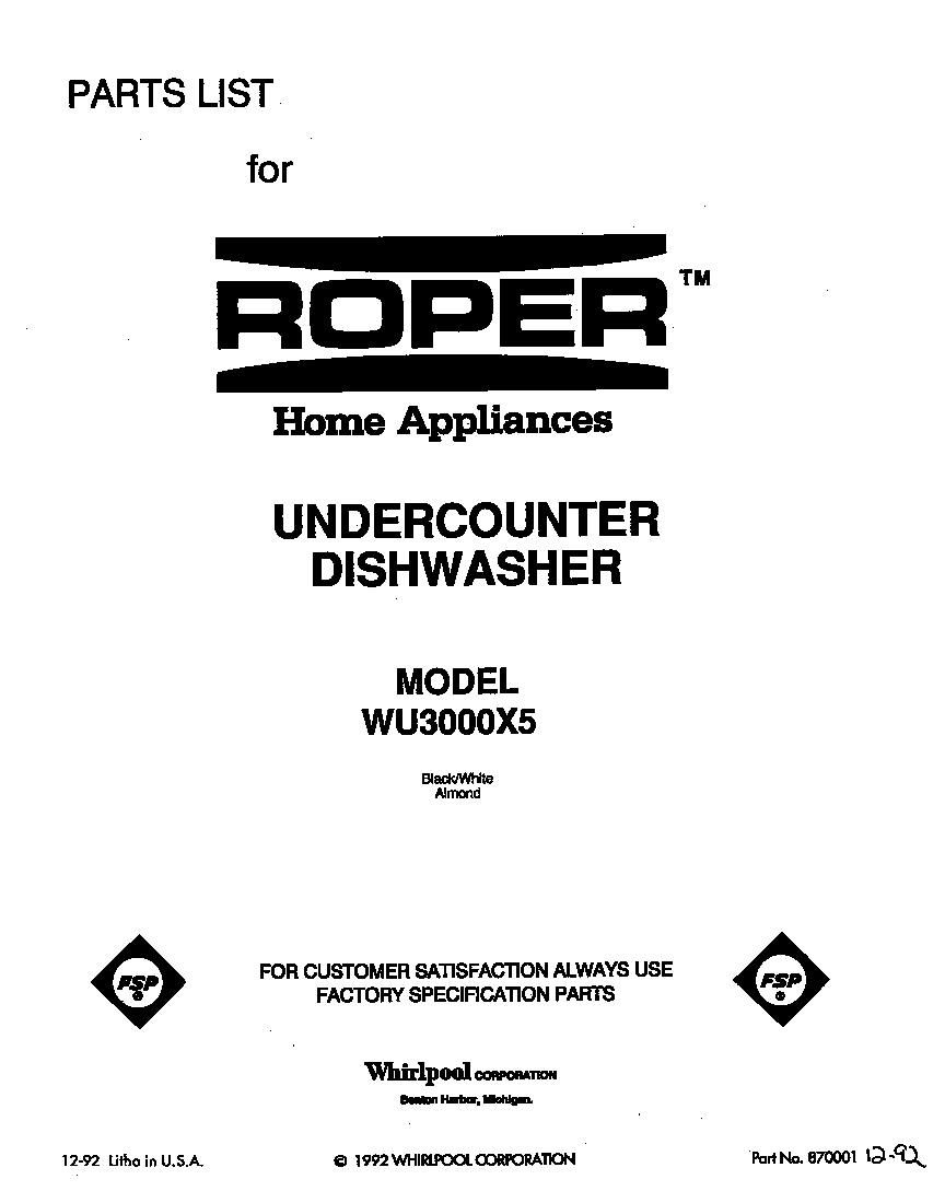 Roper WU3000X5 front cover diagram