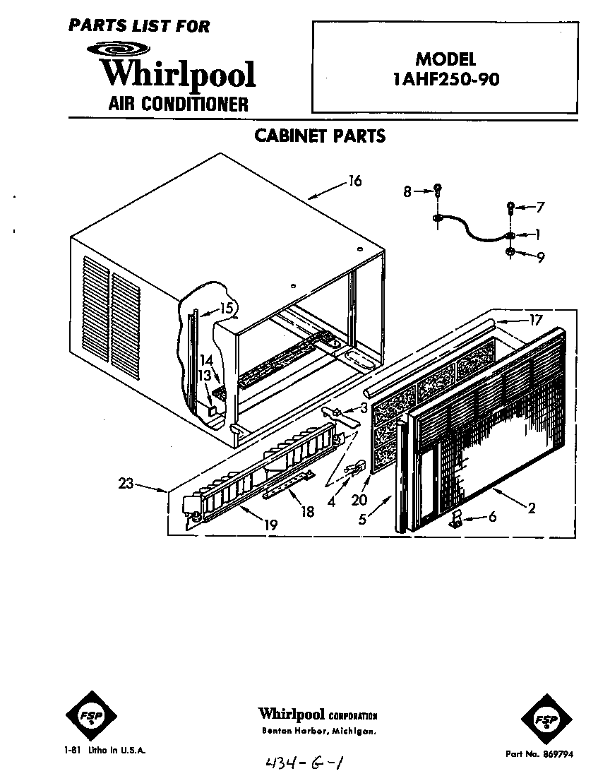 Whirlpool 1AHF25090 cabinet parts diagram