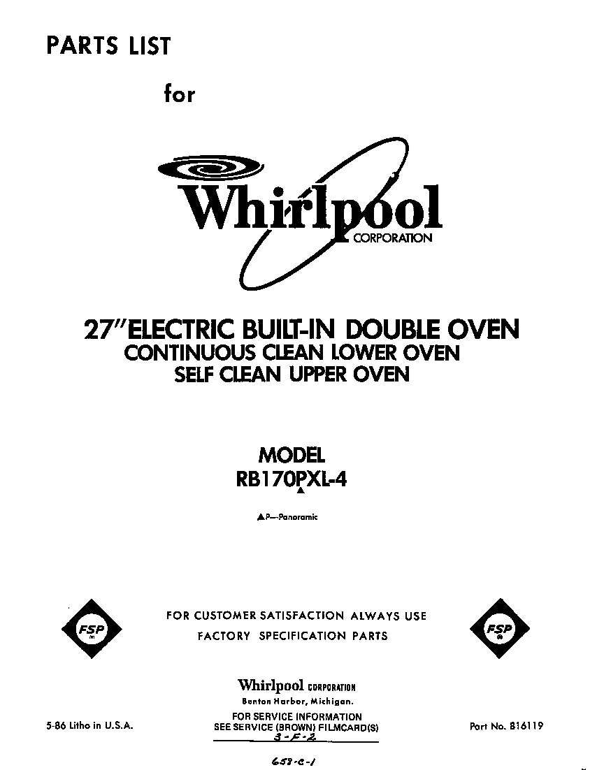 Whirlpool RB170PXL4 front cover diagram