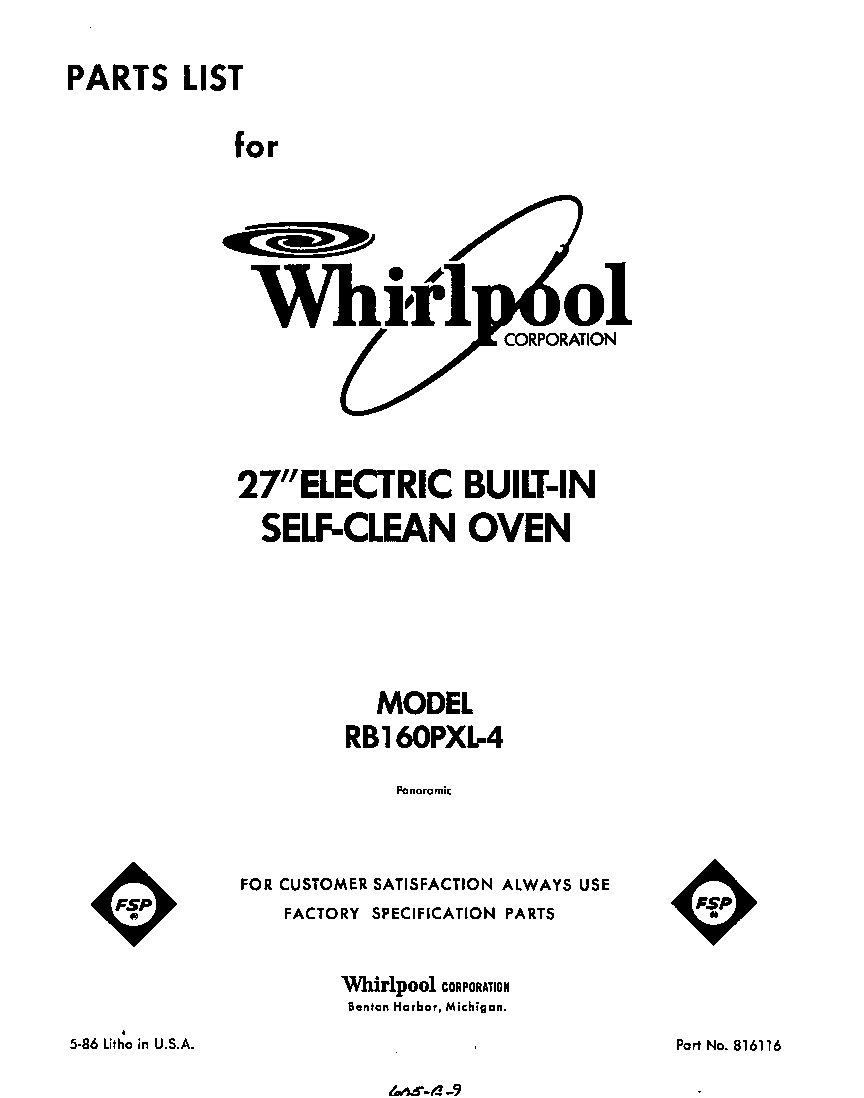 Whirlpool RB160PXL4 front cover diagram
