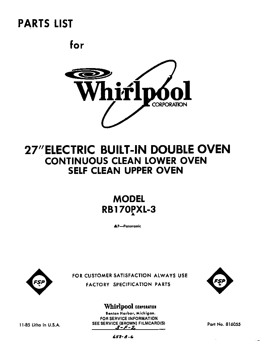 Whirlpool RB170PXL3 front cover diagram