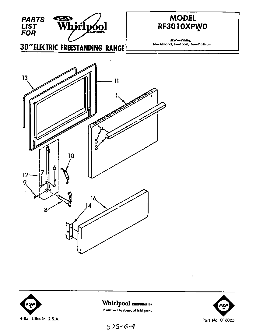 Whirlpool RF3010XPW0 door diagram