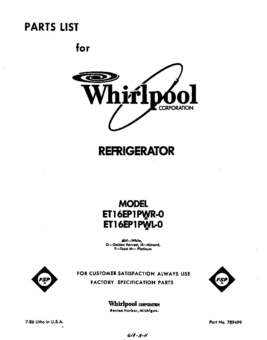 Whirlpool ET16EP1PWR0 front cover diagram