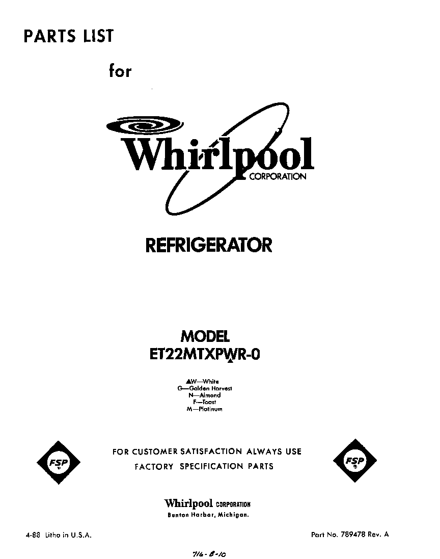 Whirlpool ET22MTXPWR0 front cover diagram