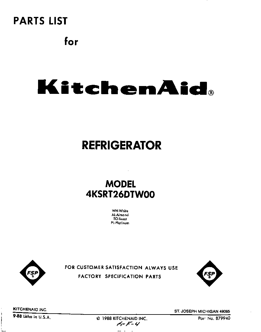 KitchenAid 4KSRT26DTW00 front cover diagram
