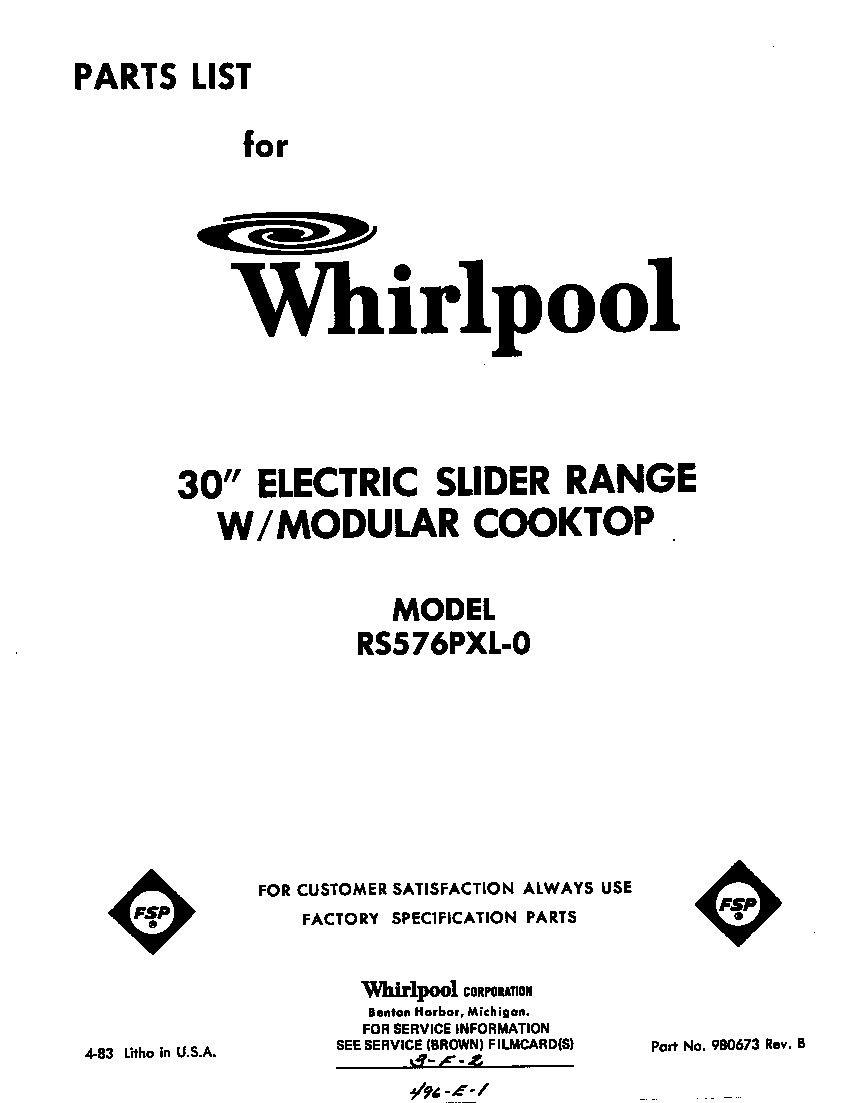 Whirlpool RS576PXL0 front cover diagram