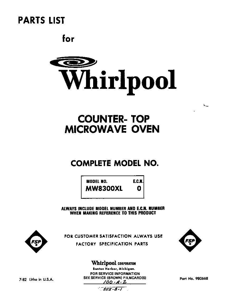 Whirlpool MW8300XL0 front cover diagram
