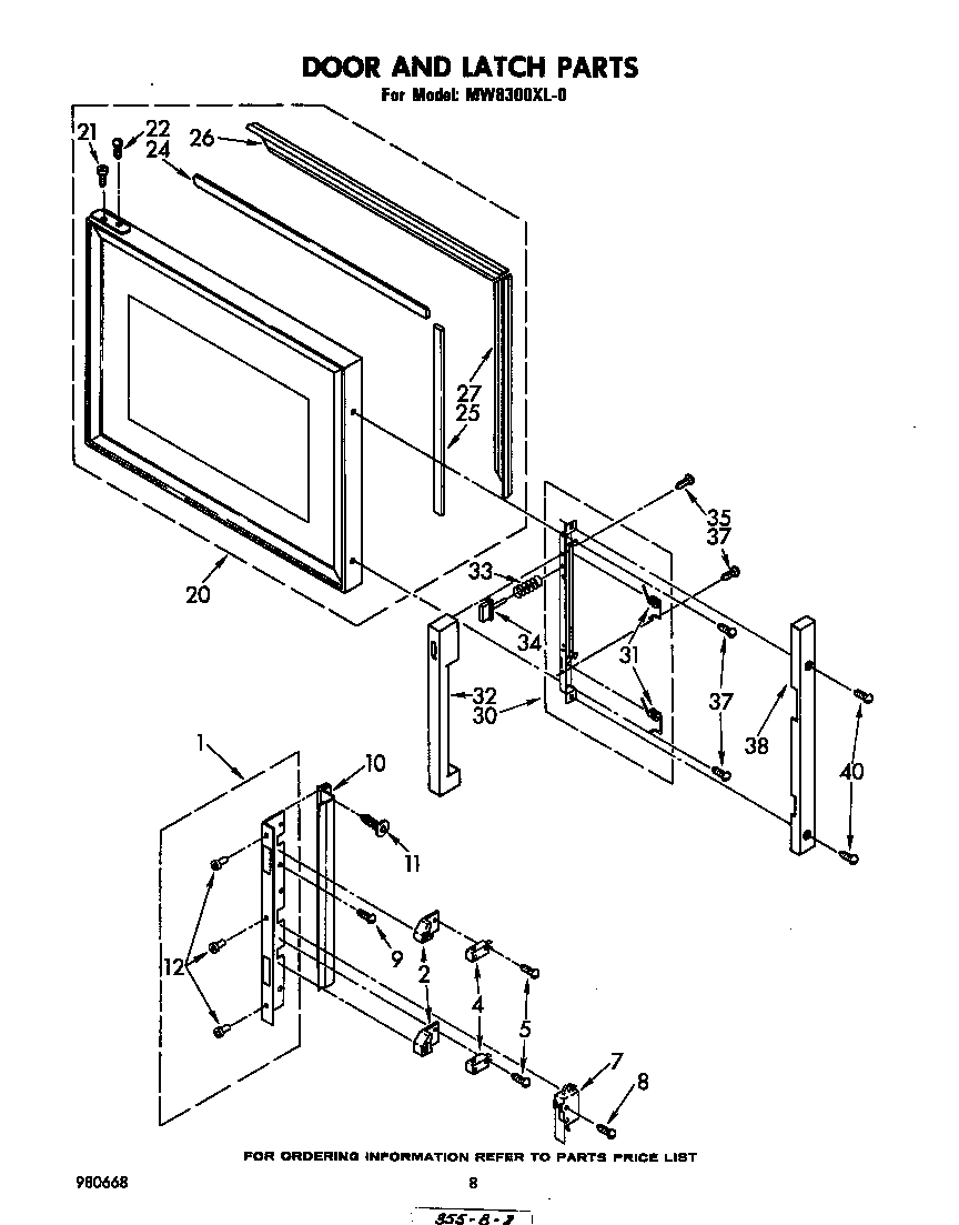 Whirlpool MW8300XL0 door and latch diagram