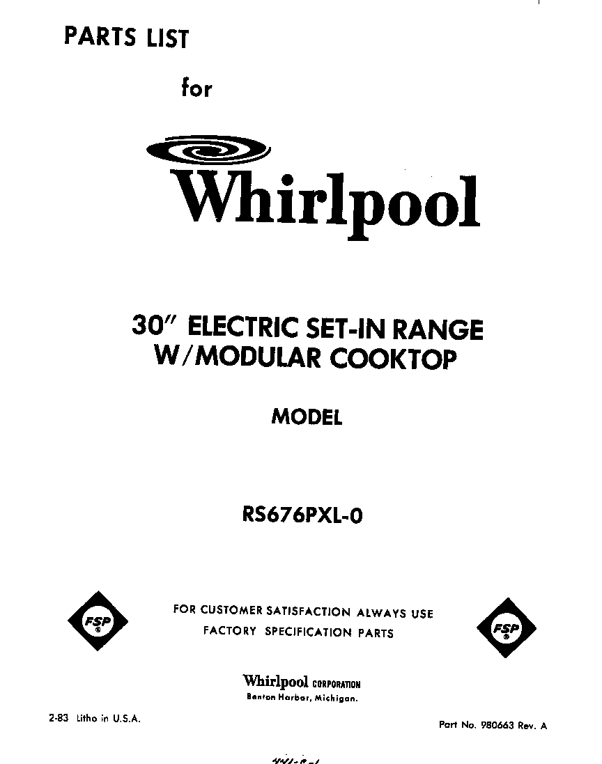 Whirlpool RS676PXL0 front cover diagram