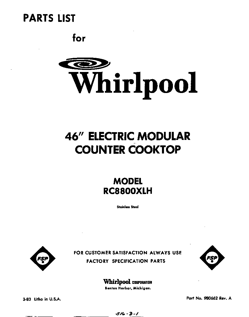 Whirlpool RC8800XLH front cover diagram