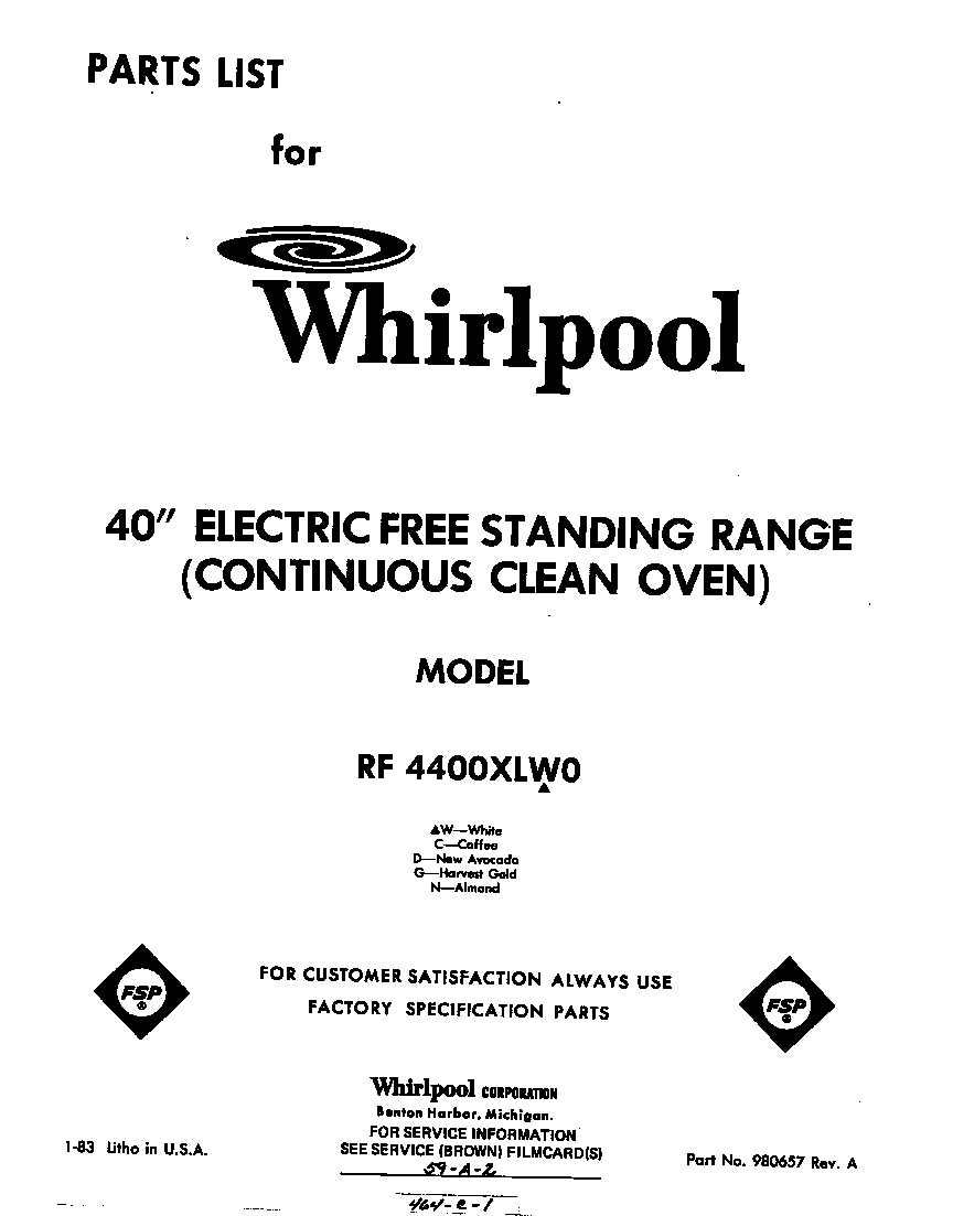 Whirlpool RF4400XLW0 front cover diagram