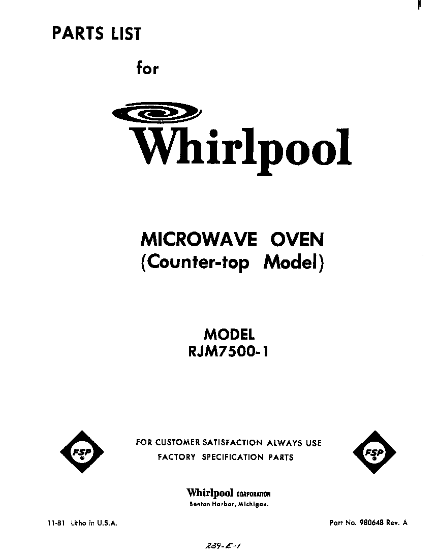 Whirlpool RJM75001 front cover diagram