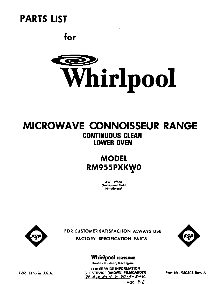 Whirlpool RM955PXKW0 front cover diagram