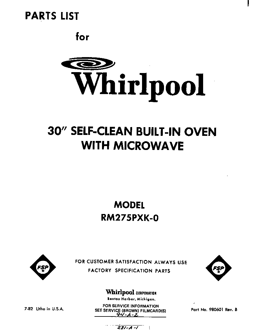 Whirlpool RM275PXK0 front cover diagram