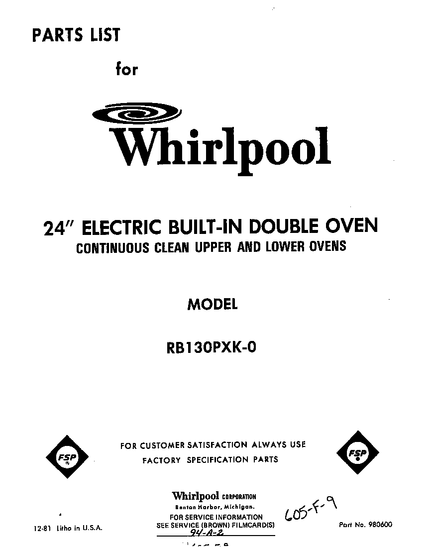 Whirlpool RB130PXK0 front cover diagram