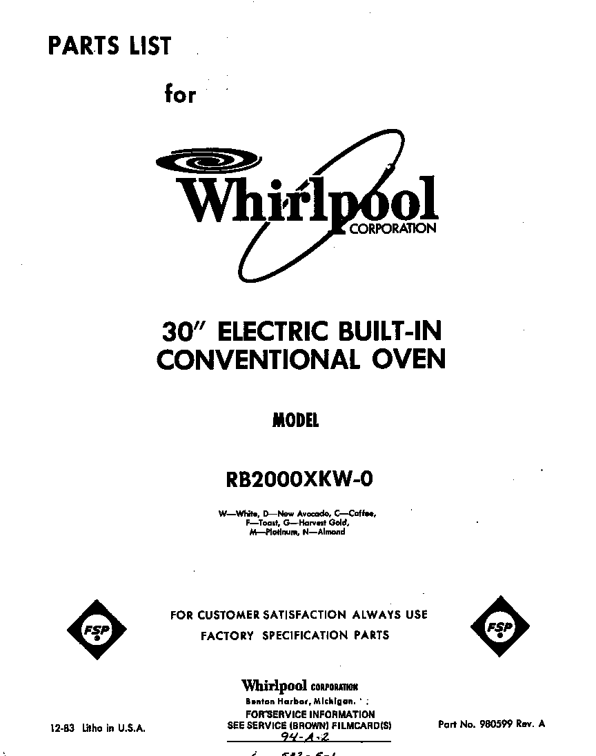 Whirlpool RB2000XKW0 front cover diagram