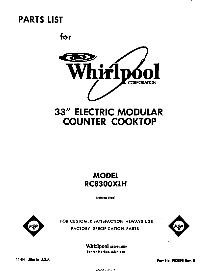 Whirlpool RC8300XLH front cover diagram
