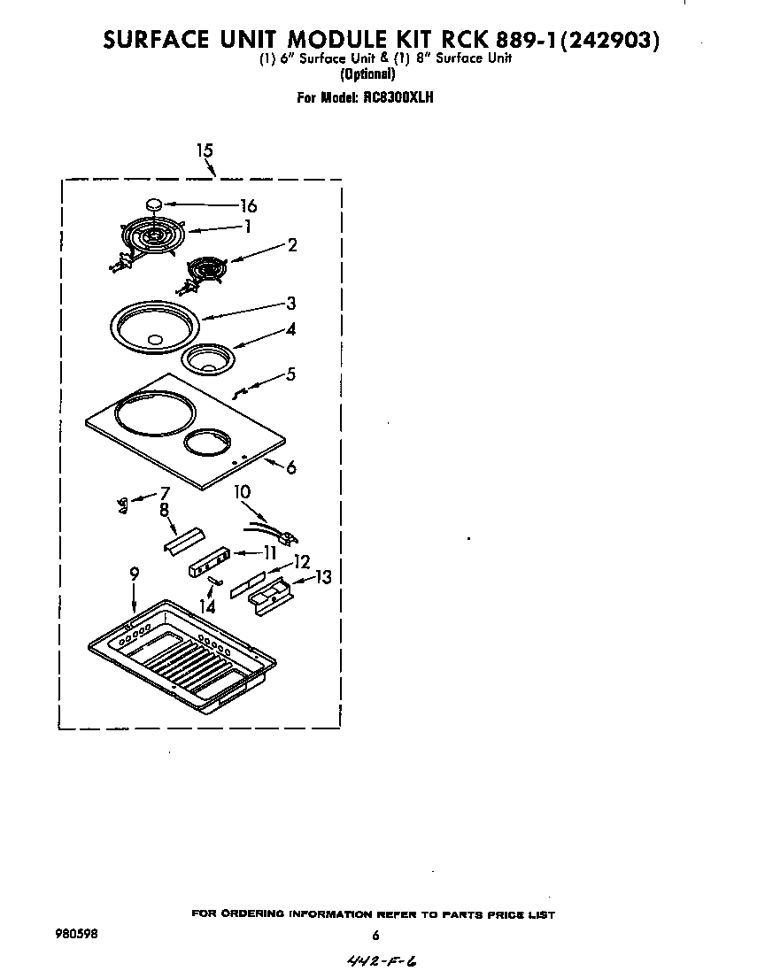 Whirlpool RC8300XLH surface unit kit rck889-1 diagram