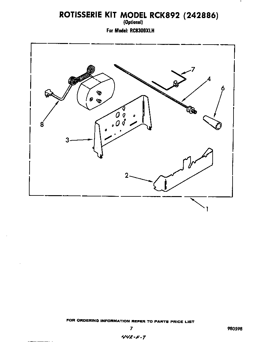 Whirlpool RC8300XLH rotisserie kit rck 892 diagram