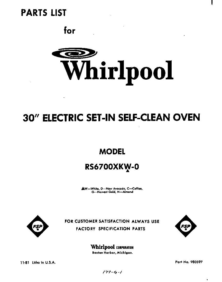 Whirlpool RS6700XKW0 front cover diagram