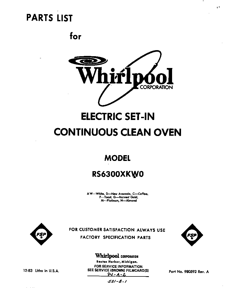 Whirlpool RS6300XKW0 front cover diagram