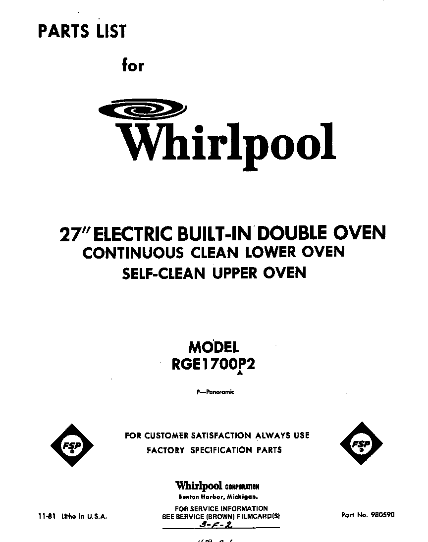 Whirlpool RGE1700P2 front cover diagram