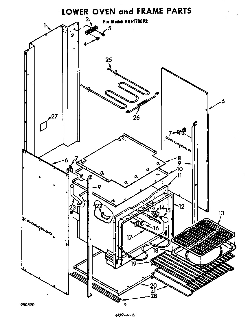 Whirlpool RGE1700P2 lower oven and frame diagram