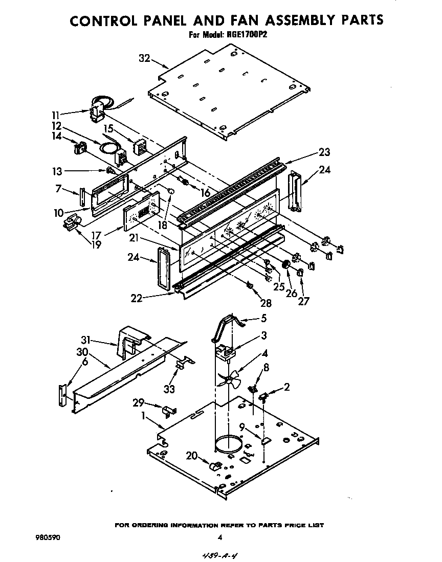 Whirlpool RGE1700P2 control panel and fan assembly diagram