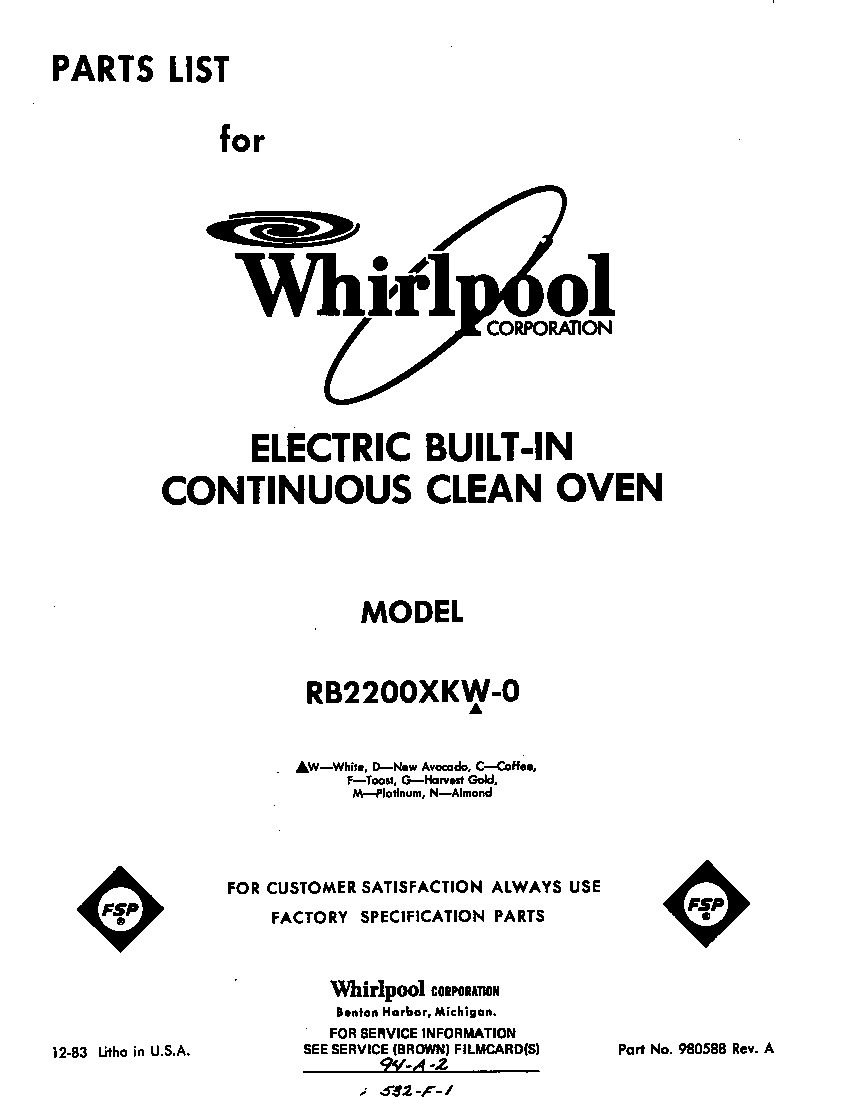 Whirlpool RB2200XKW0 front cover diagram
