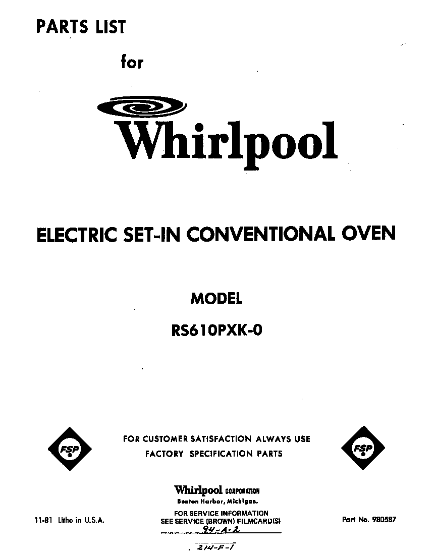 Whirlpool RS610PXK0 front cover diagram