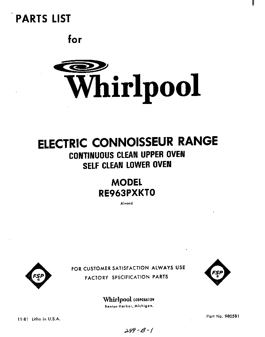 Whirlpool RE963PXKT0 front cover diagram