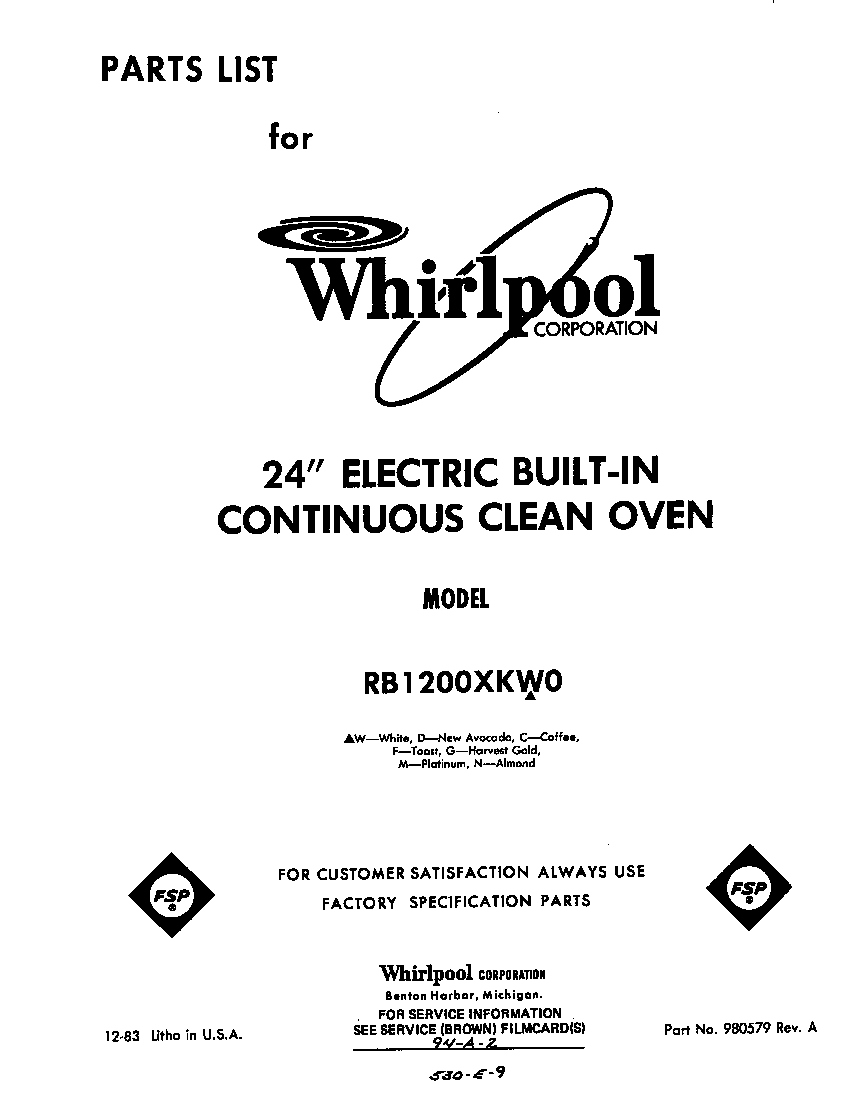 Whirlpool RB1200XKW0 front cover diagram