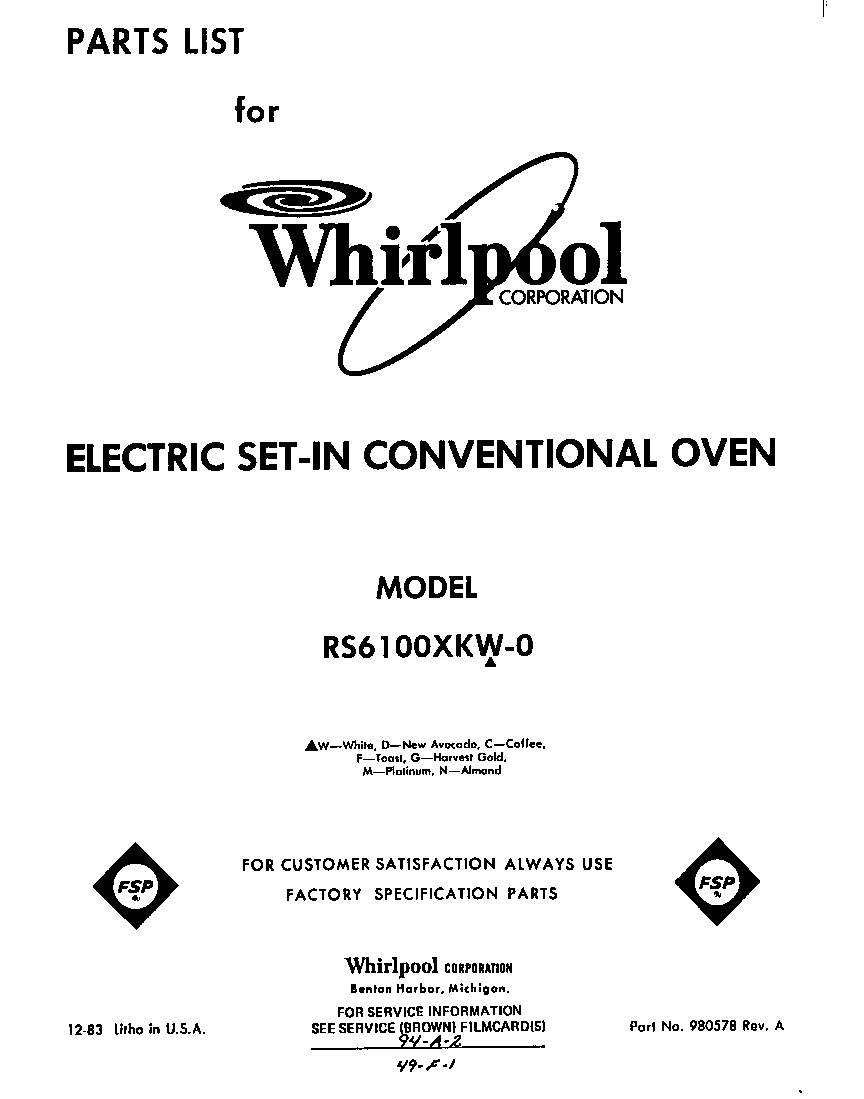 Whirlpool RS6100XKW0 front cover diagram