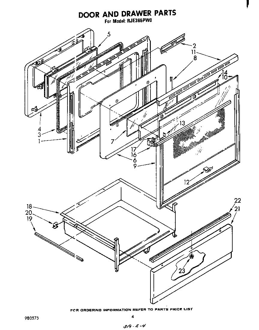 Whirlpool RJE385PW0 door and drawer diagram