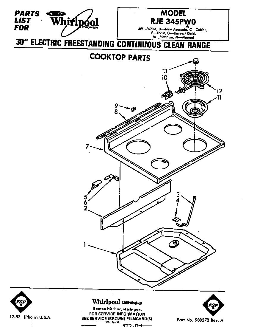 Whirlpool RJE345PW0 cooktop diagram