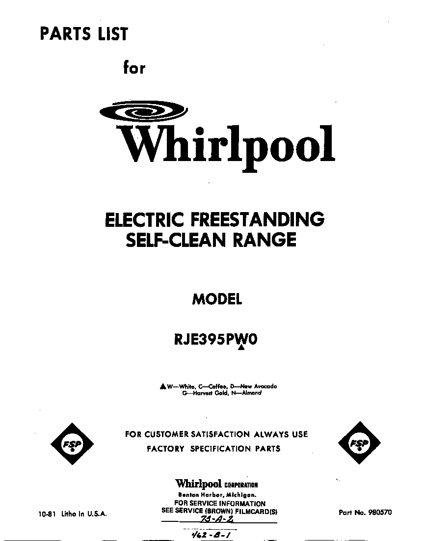 Whirlpool RJE395PW0 front cover diagram