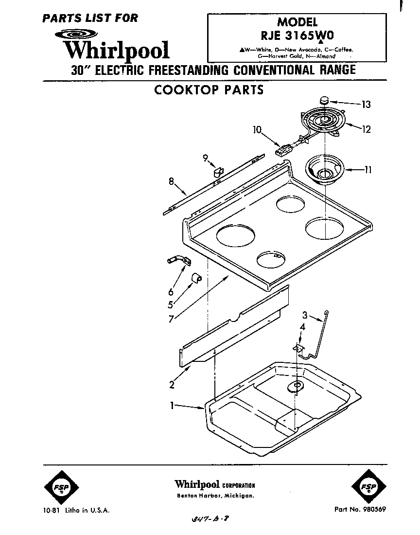 Whirlpool RJE3165W0 cooktop diagram