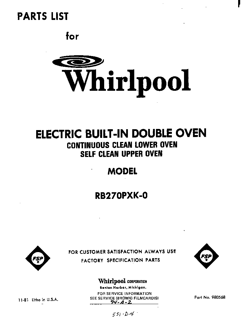 Whirlpool RB270PXK0 front cover diagram