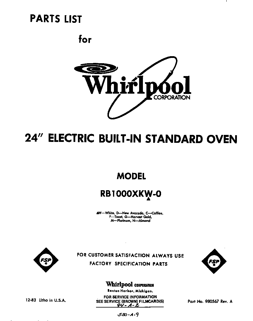 Whirlpool RB1000XKW0 front cover diagram