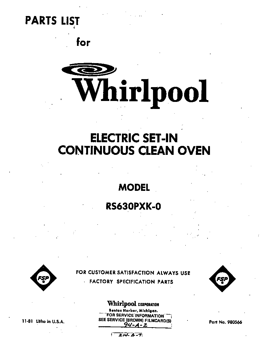 Whirlpool RS630PXK0 front cover diagram