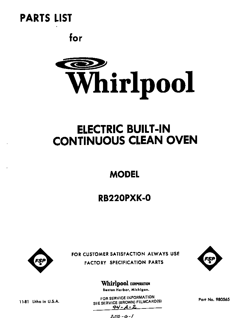 Whirlpool RB220PXK0 front cover diagram
