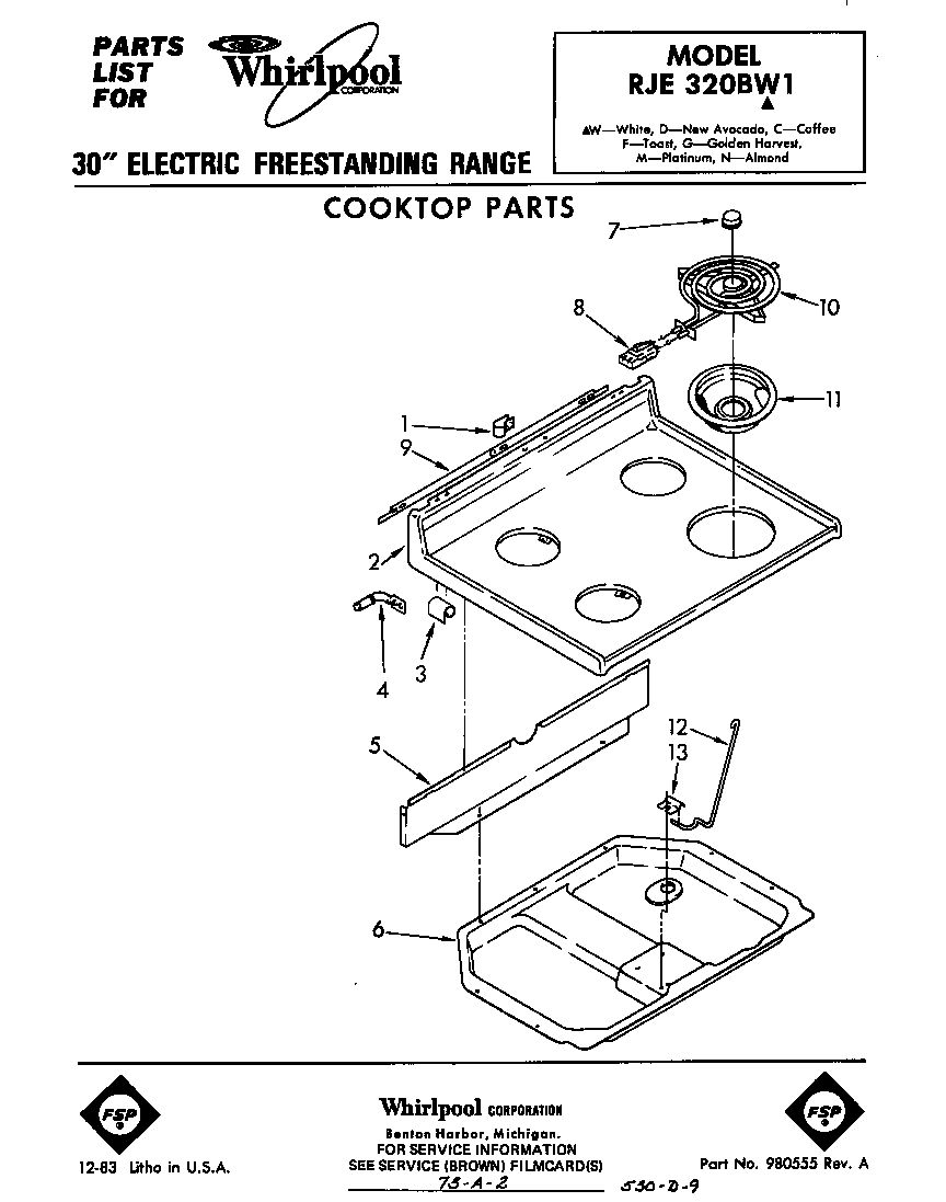 Whirlpool RJE320BW1 cooktop diagram