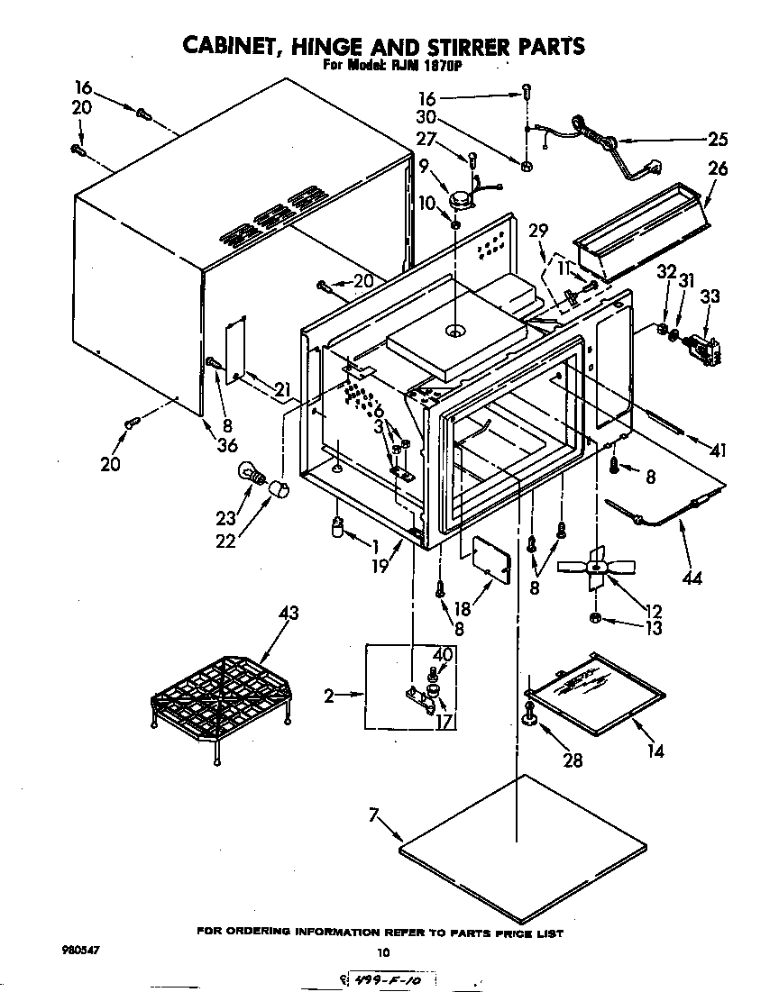 Whirlpool RJM1870P cabinet, hinge, and stirrer diagram