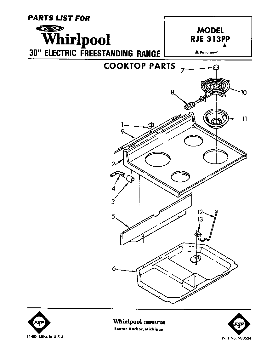 Whirlpool RJE313PP cooktop diagram
