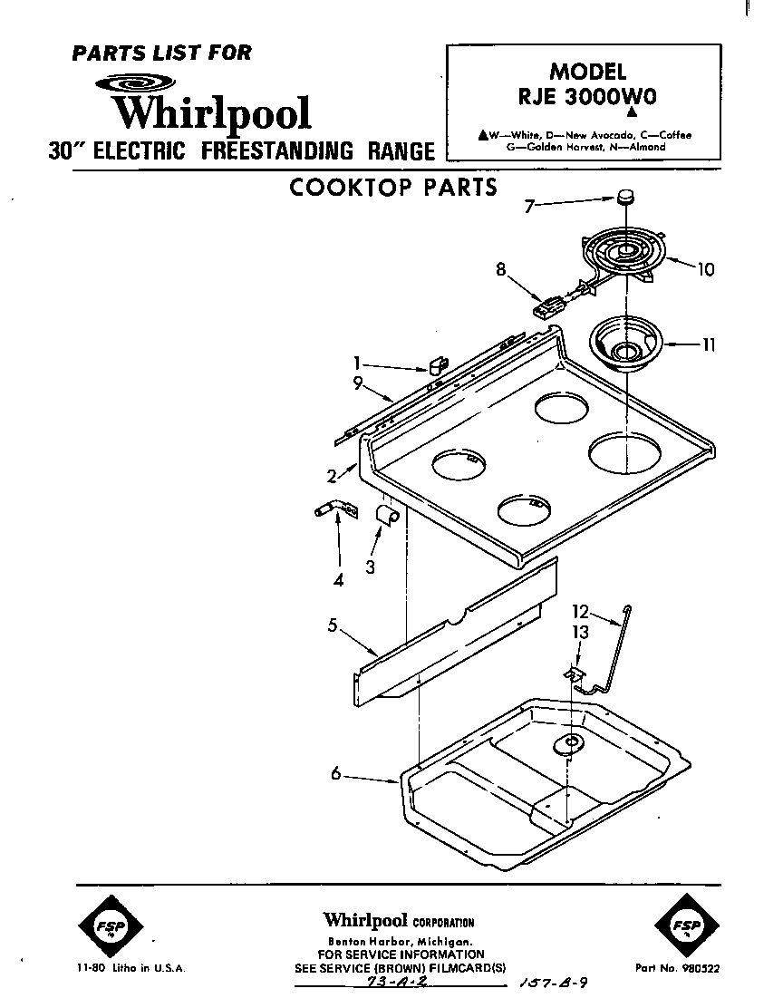 Whirlpool RJE3000W0 cooktop diagram