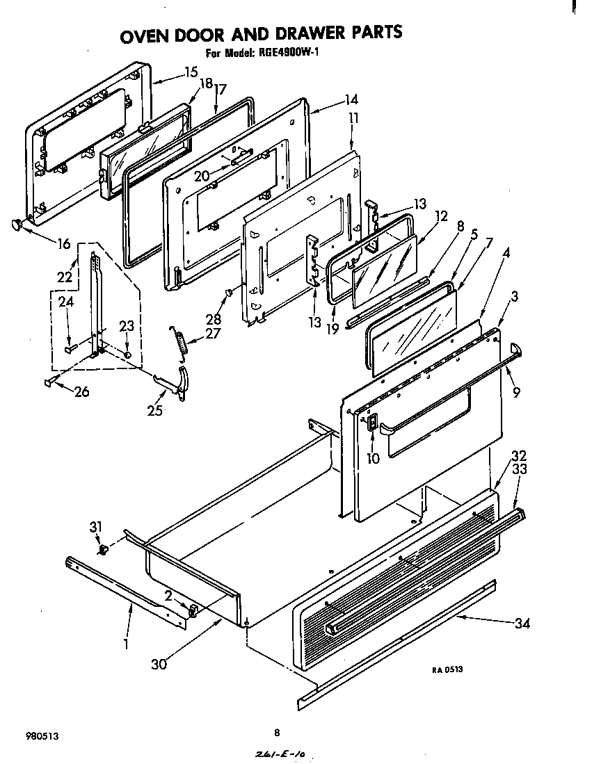 Whirlpool RGE4900W1 oven door and drawer diagram