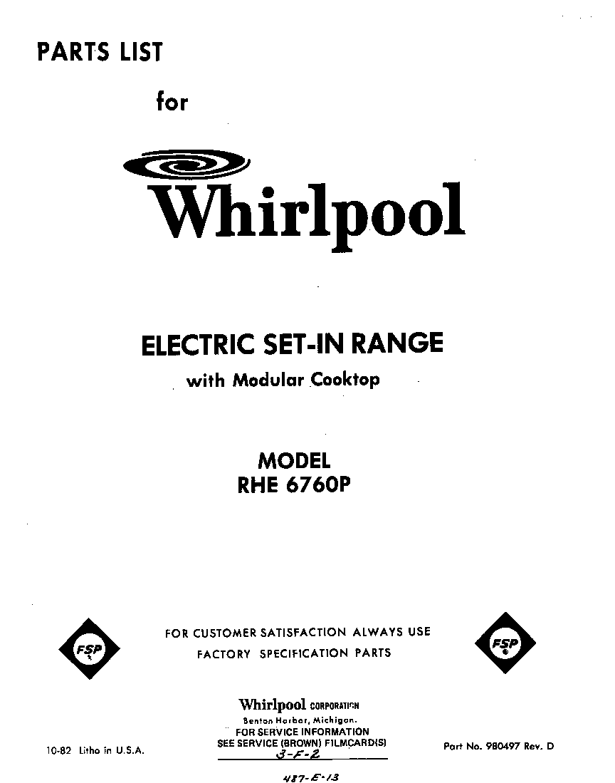 Whirlpool RHE6760P front cover diagram