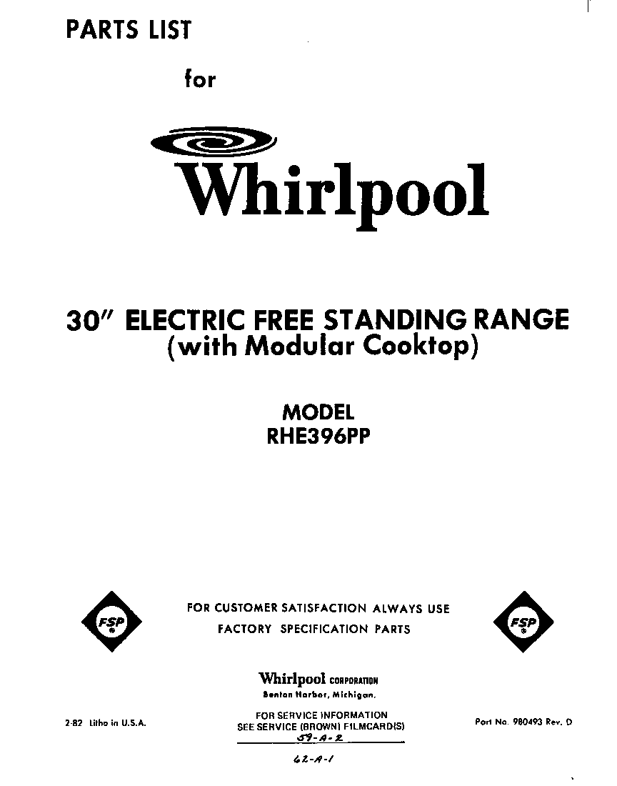 Whirlpool RHE396PP front cover diagram